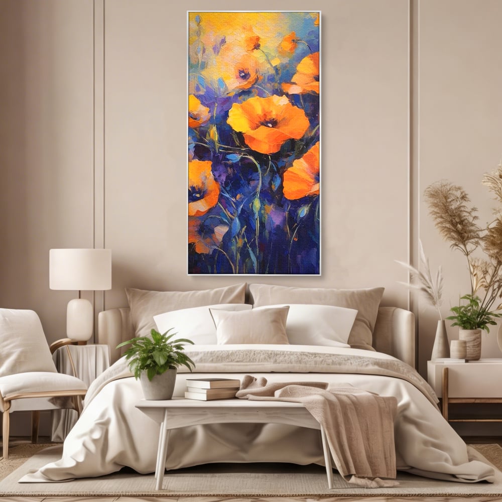 Tablou canvas cu tablou canvas cu maci portocalii, in rama de aluminiu argintiu, pe perete intr-un dormitor